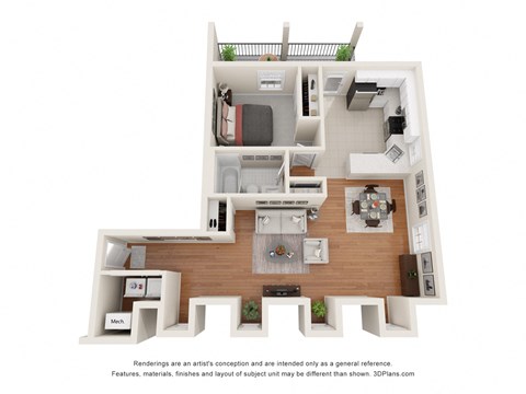 Floor plan for 1 bed, 1 bath, 736 sqft